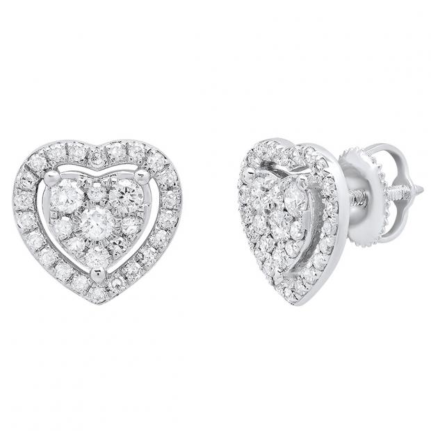 0.70 Carat (ctw) 14K White Gold Round White Diamond Ladies Heart Shaped Stud Earrings 3/4 CT