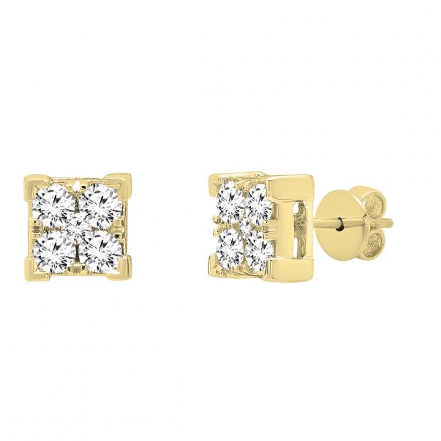 0.45 Carat (ctw) 10K Yellow Gold Round White Diamond V Prong Square Ladies Stud Earrings 1/2 CT