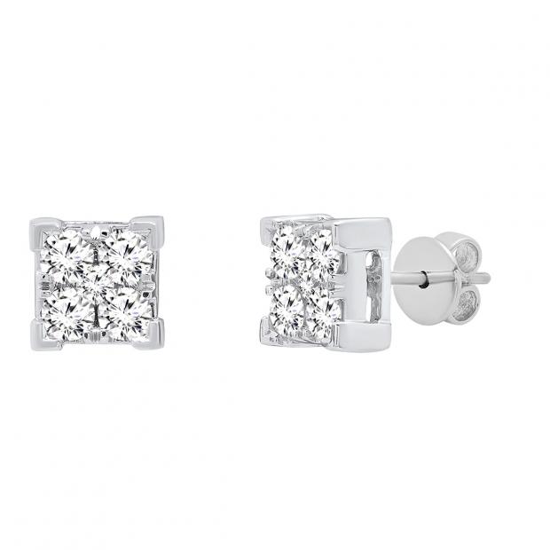 0.45 Carat (ctw) 14K White Gold Round White Diamond V Prong Square Ladies Stud Earrings 1/2 CT