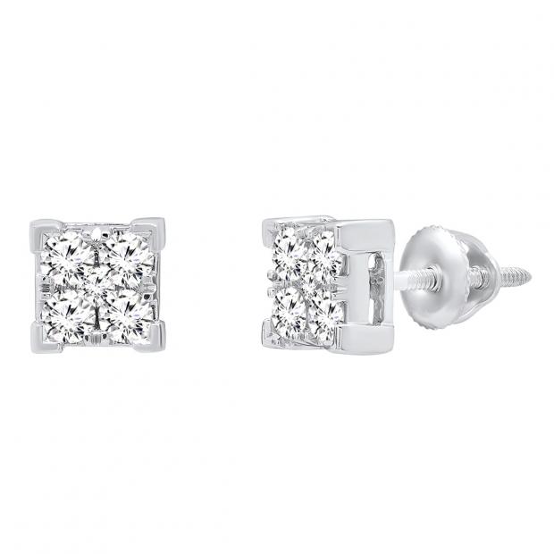 0.45 Carat (ctw) 14K White Gold Round White Diamond V Prong Square Ladies Stud Earrings 1/2 CT