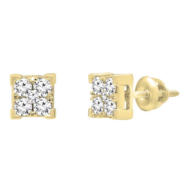 0.45 Carat (ctw) 14K Yellow Gold Round White Diamond V Prong Square Ladies Stud Earrings 1/2 CT