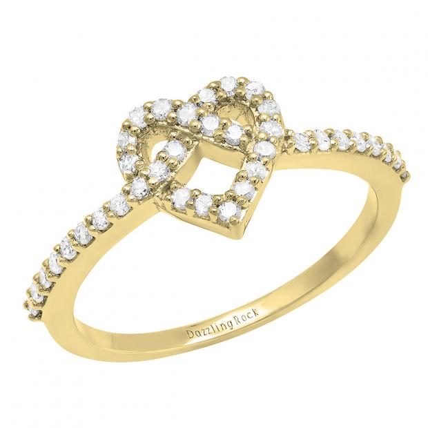 0.30 Carat (ctw) 10K Yellow Gold Round White Diamond Ladies Heart Promise Engagement Ring 1/3 CT