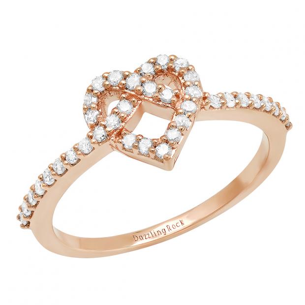 0.30 Carat (ctw) 18K Rose Gold Round White Diamond Ladies Heart Promise Engagement Ring 1/3 CT