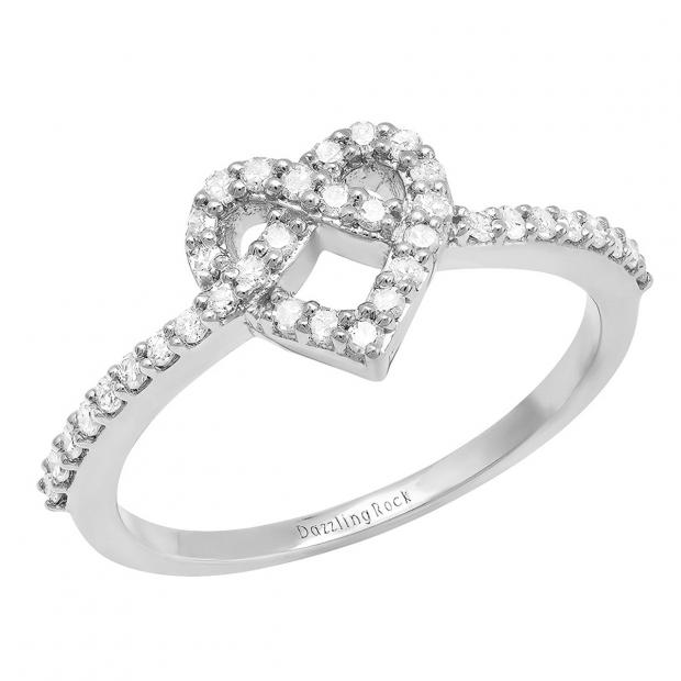 0.30 Carat (ctw) 18K White Gold Round White Diamond Ladies Heart Promise Engagement Ring 1/3 CT