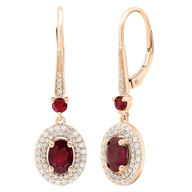10K Rose Gold 7X5 MM Oval Ruby & Round Diamond Ladies Drop Earrings