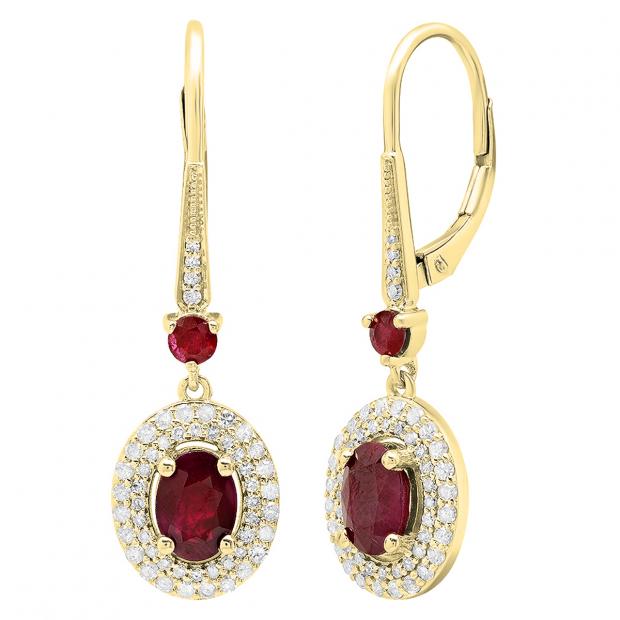 18K Yellow Gold 7X5 MM Oval Ruby & Round Diamond Ladies Drop Earrings