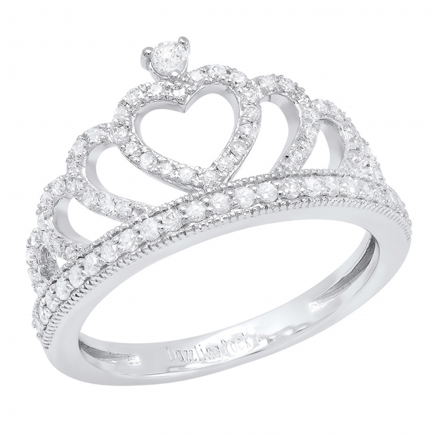 Round White Diamond Heart Crown Promise Ring for Women (0.50 ctw, Color I-J, Clarity I2-I3) in 10K White Gold