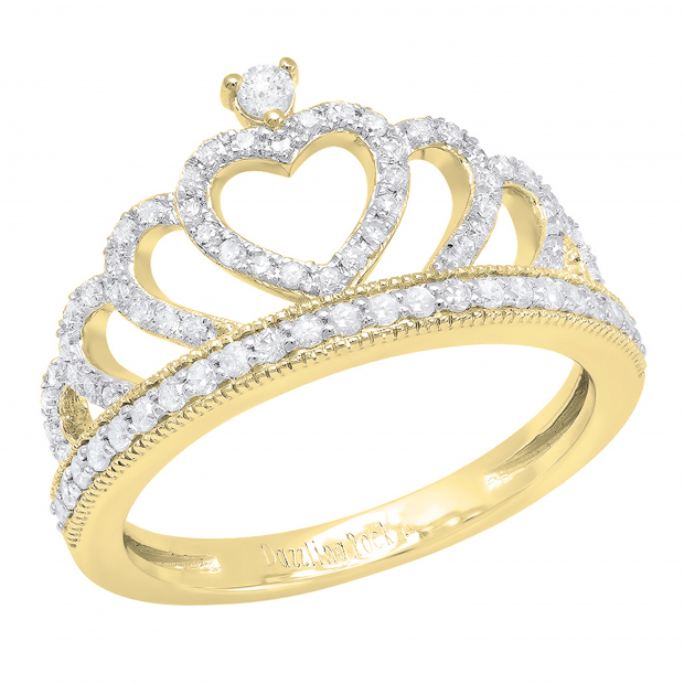 Round White Diamond Heart Crown Promise Ring for Women (0.50 ctw, Color I-J, Clarity I2-I3) in 10K Yellow Gold