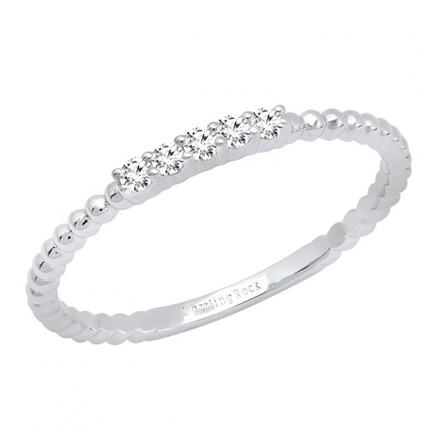 0.10 Carat (ctw) 14K White Gold Round White Diamond Ladies Beaded Anniversary Wedding Band 1/10 CT