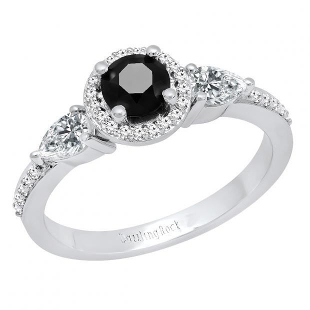 14K White Gold 5 MM Round Black Diamond Pear White Sapphire & Round Diamond Ladies 3 Stone Ring