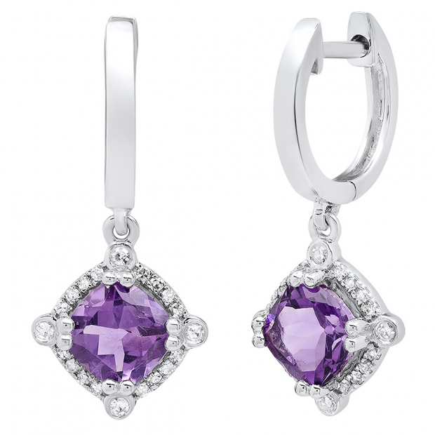 14K White Gold 6 MM Each Cushion Amethyst & Round White Diamond Ladies Drop Earrings