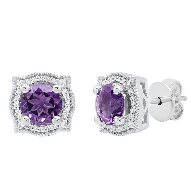 10K White Gold 6 MM Each Round Amethyst & White Diamond Ladies Halo Stud Earrings