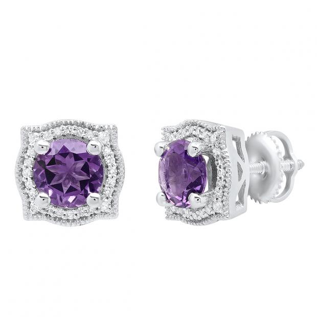10K White Gold 6 MM Each Round Amethyst & White Diamond Ladies Halo Stud Earrings