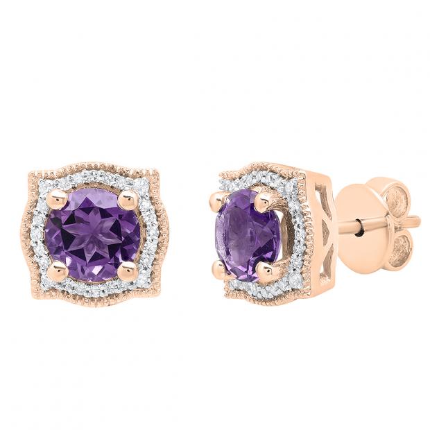 18K Rose Gold 6 MM Each Round Amethyst & White Diamond Ladies Halo Stud Earrings