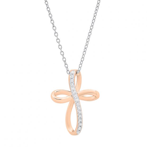0.15 Carat (ctw) 14K Rose Gold Round Diamond Ladies Loop Cross Pendant (Silver Chain Included)