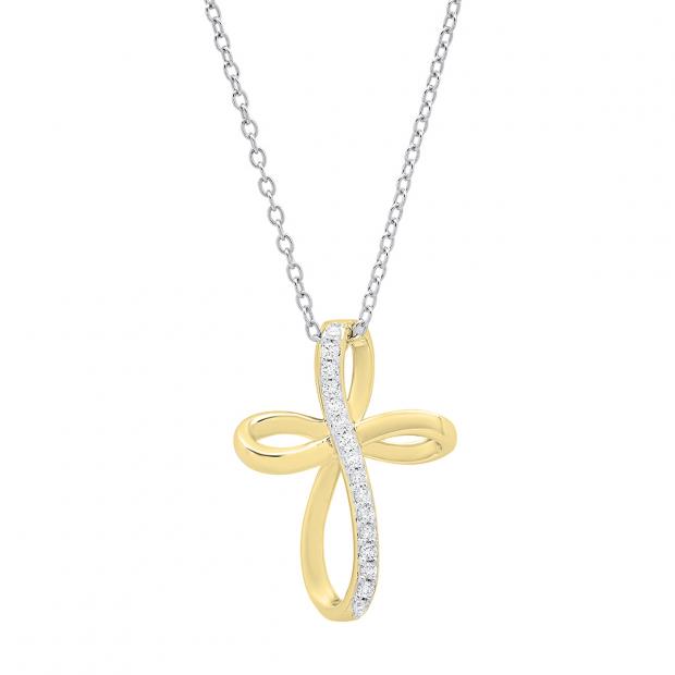 0.15 Carat (ctw) 14K Yellow Gold Round Diamond Ladies Loop Cross Pendant (Silver Chain Included)