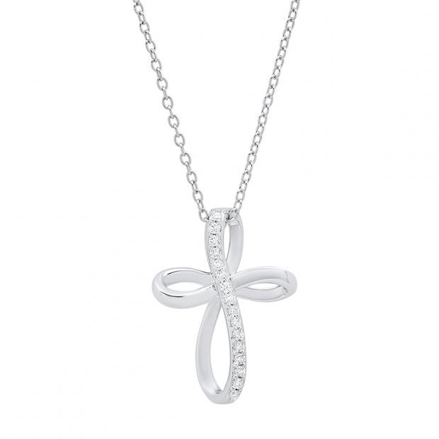 0.15 Carat (ctw) 18K White Gold Round Diamond Ladies Loop Cross Pendant (Gold Chain Included)