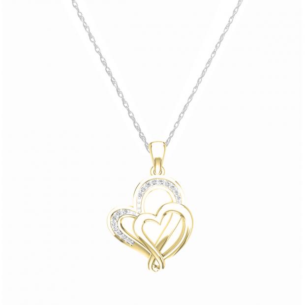 0.10 Carat (ctw) 10K Yellow Gold Round Diamond Ladies Double Heart Pendant 1/10 CT