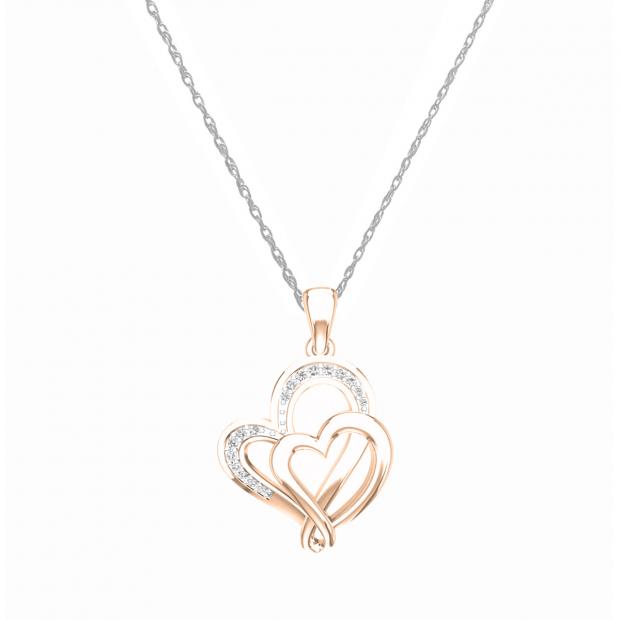 0.10 Carat (ctw) 18K Rose Gold Round Diamond Ladies Double Heart Pendant 1/10 CT