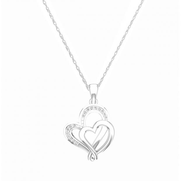 0.10 Carat (ctw) 18K White Gold Round Diamond Ladies Double Heart Pendant 1/10 CT