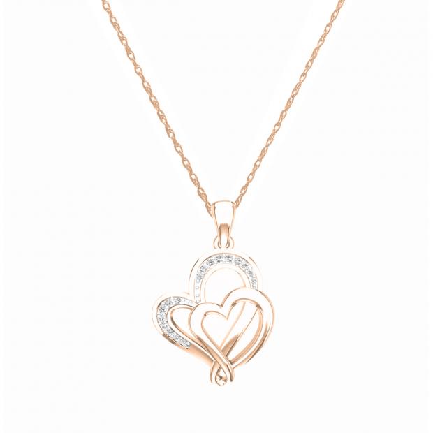 0.10 Carat (ctw) 10K Rose Gold Round Diamond Ladies Double Heart Pendant 1/10 CT