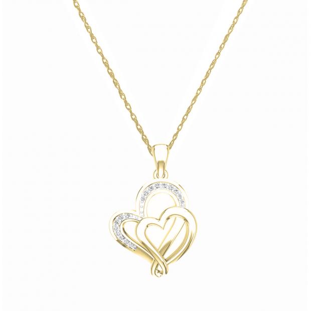 0.10 Carat (ctw) 10K Yellow Gold Round Diamond Ladies Double Heart Pendant 1/10 CT