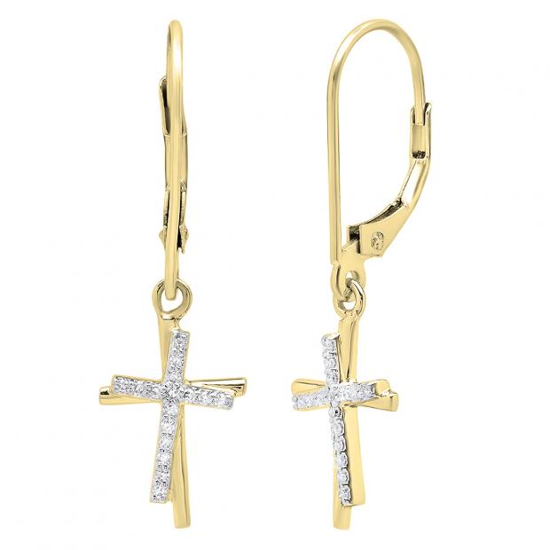 0.10 Carat (ctw) 14K Yellow Gold Round White Diamond Double Cross Dangling Earrings 1/10 CT