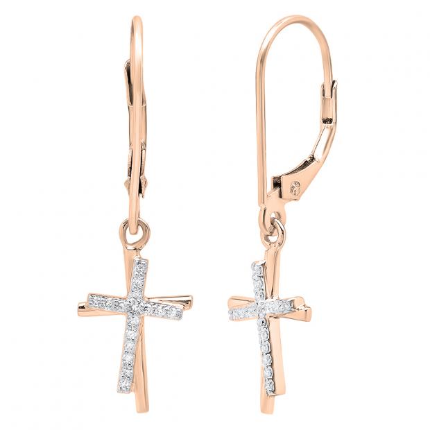 0.10 Carat (ctw) 18K Rose Gold Round White Diamond Double Cross Dangling Earrings 1/10 CT