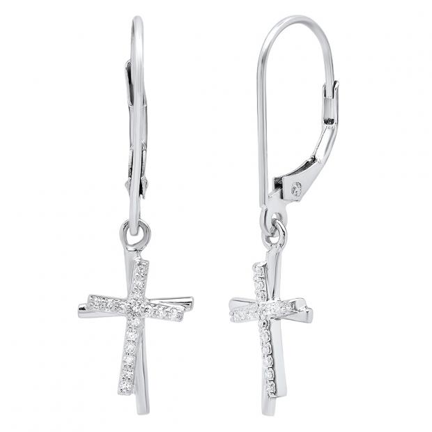 0.10 Carat (ctw) 18K White Gold Round White Diamond Double Cross Dangling Earrings 1/10 CT