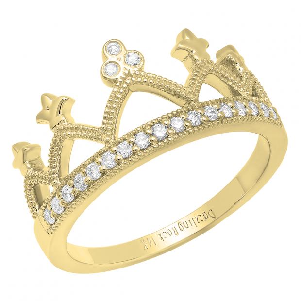 0.20 Carat (ctw) 14K Yellow Gold Round White Diamond Ladies Crown Ring 1/5 CT