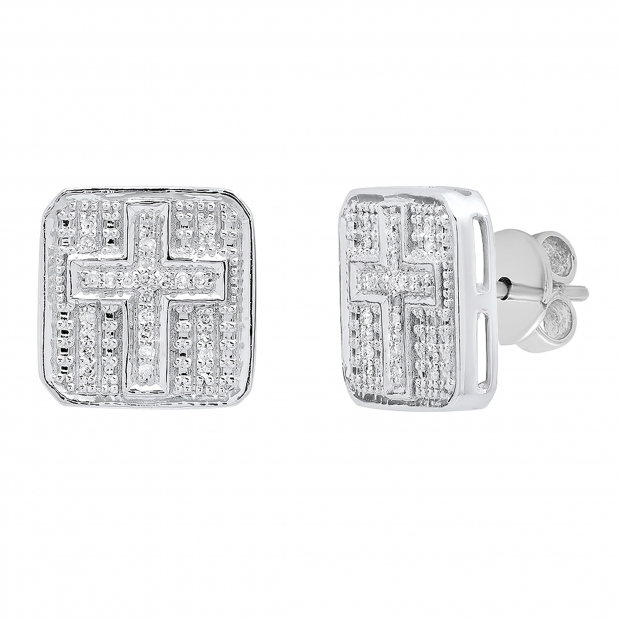 0.15 Carat (ctw) Sterling Silver Round White Diamond Ladies Square Shaped Cross Stud Earrings