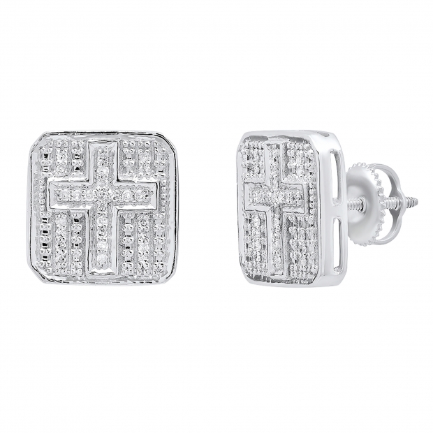 0.15 Carat (ctw) Sterling Silver Round White Diamond Ladies Square Shaped Cross Stud Earrings