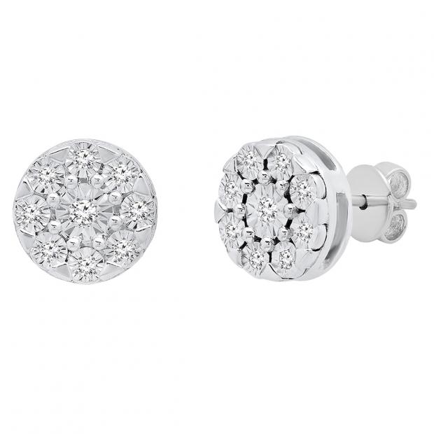 0.10 Carat (ctw) Sterling Silver Round White Diamond Ladies Cluster Style Stud Earrings 1/10 CT