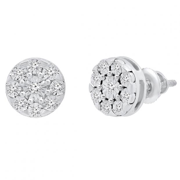 0.10 Carat (ctw) Sterling Silver Round White Diamond Ladies Cluster Style Stud Earrings 1/10 CT