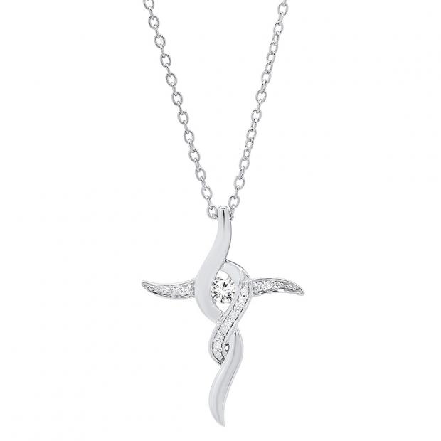 0.15 Carat (ctw) Sterling Silver Round Diamond Ladies Swirl Cross Pendant (Silver Chain Included)