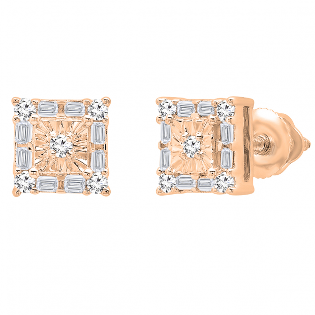 0.20 Carat (ctw) 10K Rose Gold Baguette & Round White Diamond Ladies Square Frame Stud Earrings