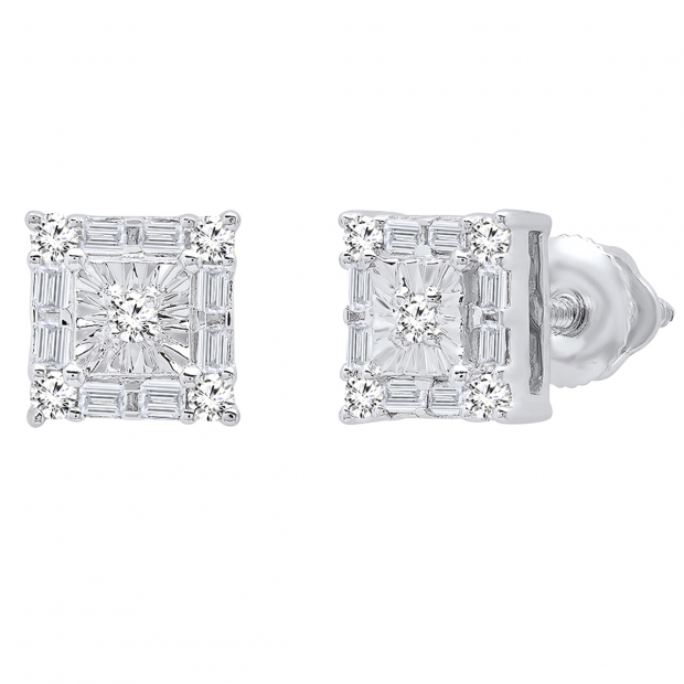 0.20 Carat (ctw) 10K White Gold Baguette & Round White Diamond Ladies Square Frame Stud Earrings