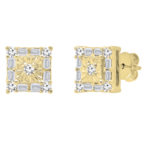 0.20 Carat (ctw) 10K Yellow Gold Baguette & Round White Diamond Ladies Square Frame Stud Earrings