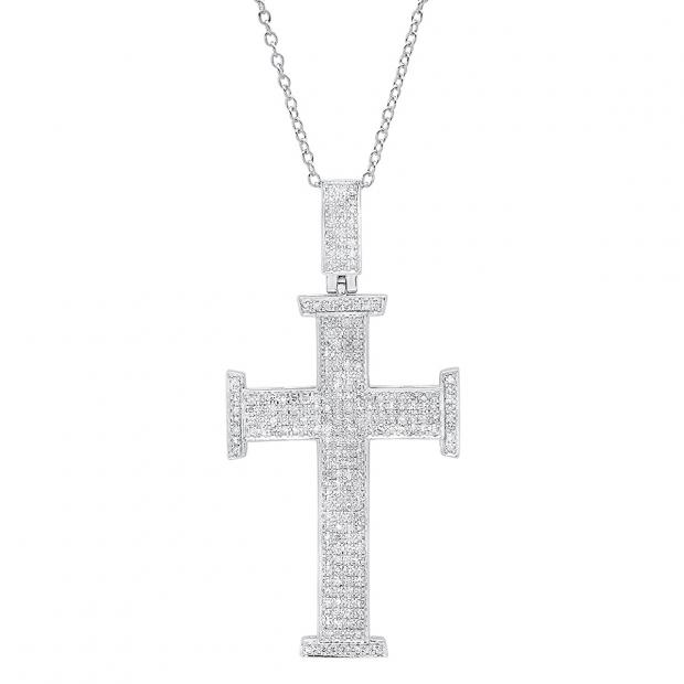 0.80 Carat (ctw) 10K White Gold Round White Diamond Cross Pendant 3/4 CT (Silver Chain Included)