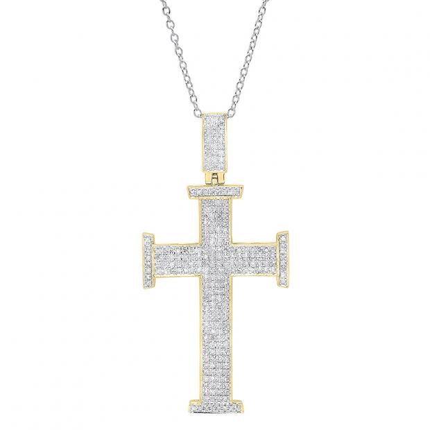 0.80 Carat (ctw) 10K Yellow Gold Round White Diamond Cross Pendant 3/4 CT (Gold Chain Included)