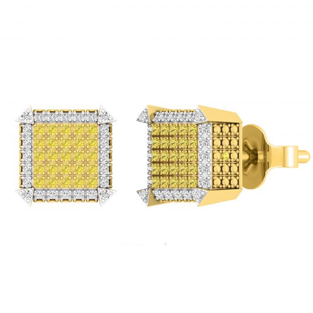 0.31 Carat (ctw) Round Yellow and White Diamond Square Iced Out Dice Shape Unisex Push Back Stud Earrings 1/3 CT in 10K Yellow Gold