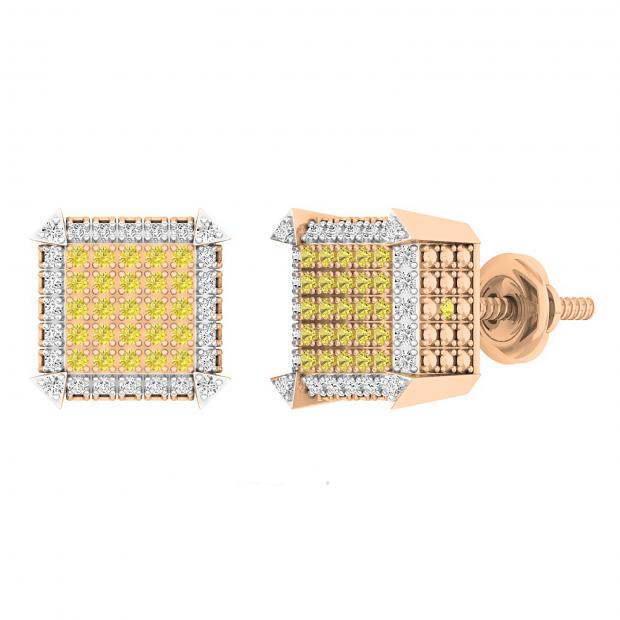 0.31 Carat (ctw) Round Yellow and White Diamond Square Iced Out Dice Shape Unisex Screw Back Stud Earrings 1/3 CT in 18K Rose Gold