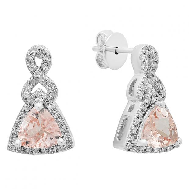 10K White Gold 5 MM Each Trilliant Morganite & Round Diamond Ladies Dangling Earrings
