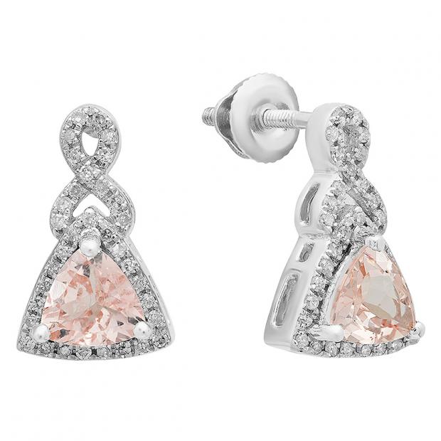 10K White Gold 5 MM Each Trilliant Morganite & Round Diamond Ladies Dangling Earrings
