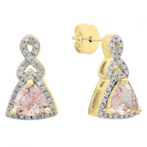 18K Yellow Gold 5 MM Each Trilliant Morganite & Round Diamond Ladies Dangling Earrings