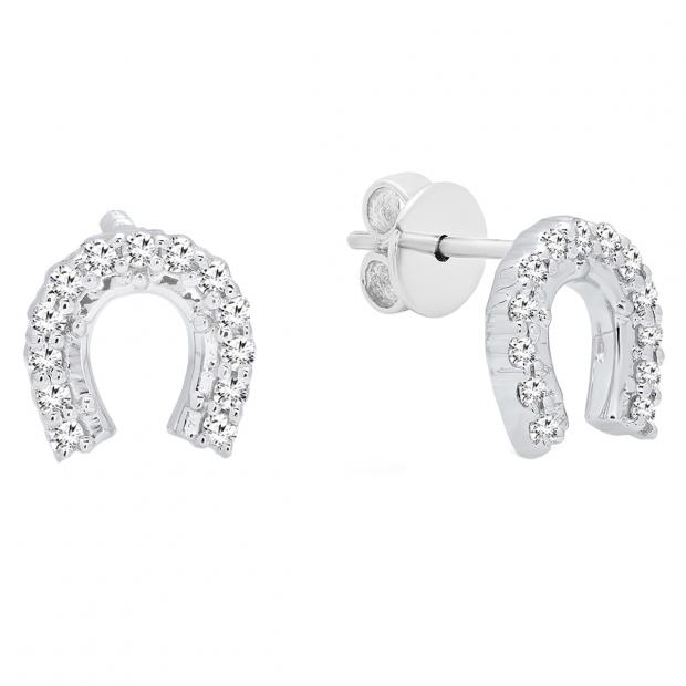 0.15 Carat (ctw) 10K White Gold Round White Diamond Ladies Horseshoe Earrings