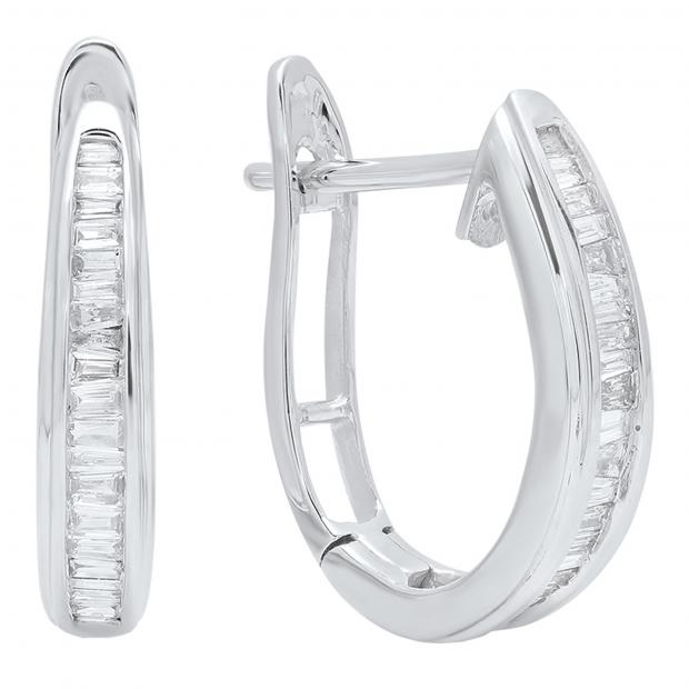 0.18 Carat (ctw) 10K White Gold Baguette Diamond Ladies Hoop Earrings