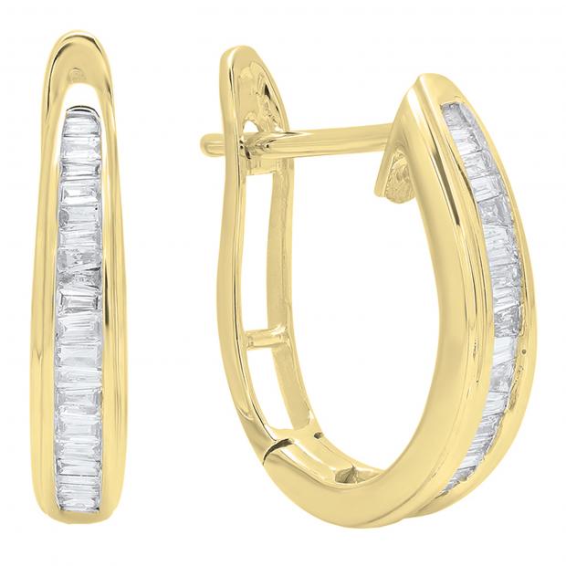 0.18 Carat (ctw) 10K Yellow Gold Baguette Diamond Ladies Hoop Earrings