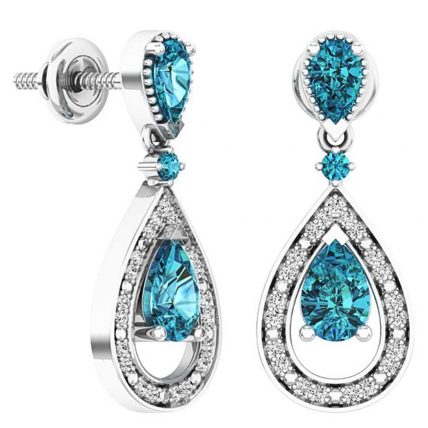 Sterling Silver Pear & Round Blue Topaz & Round White Diamond Ladies Dangling Drop Earrings