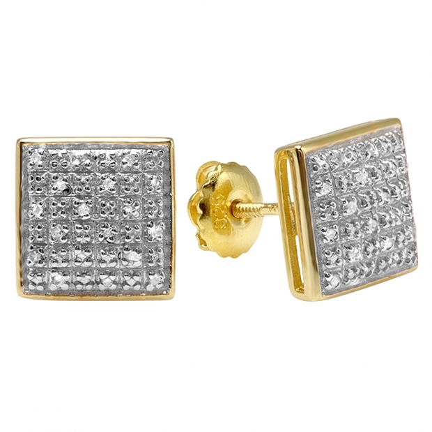 0.25 Carat (ctw) Yellow Gold Plated Sterling Silver Round Diamond Square Mens Stud Earrings 1/4 CT